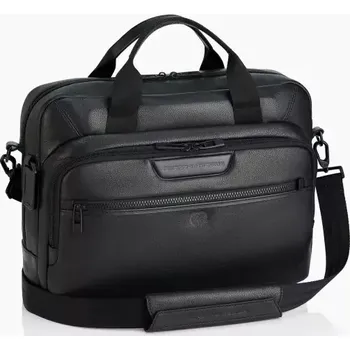 Sportovní taška PORSCHE DESIGN Roadster Leather Briefcase Taška aktovka přes rameno kožená s přihrádkou na notebook 15.6" s vnitřním organizérem černá (Manažerská taška vyrobená z měkké telecí kůže s přihrádkou na notebook o velikosti 15,6" a chytrým vnitřním uspořádáním
