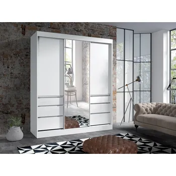 Šatní skříň Designová šatní skříň Haiti 180 cm – bílá se zrcadlem