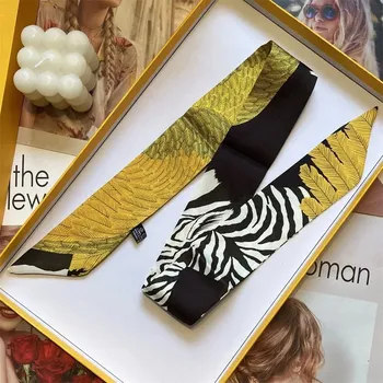 Šátek Hedvábný malý dámský šátek na krk 5x90 cm | dámský doplněk - S967 žlutá