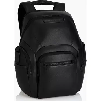 Cestovní taška PORSCHE DESIGN Roadster Leather Backpack M Batoh kožený do města s přihrádkou na notebook 14" s organizérem a kapsami na zip černý (Středně velký batoh vyrobený z měkké telecí kůže s přihrádkou na 14" notebook, organizérem na pracovní potřeby a s úchytem 
