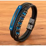 B-TOP Třívrstvý pánský kožený náramek s modrými detaily z nerezové oceli