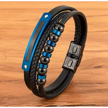 Náramek B-TOP Třívrstvý pánský kožený náramek s modrými detaily z nerezové oceli