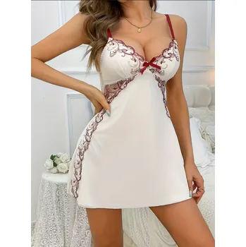 Dámské noční prádlo Noční sexy košilka s červeným krajkovým lemem Barva: Béžová, Velikostní tabulka: L