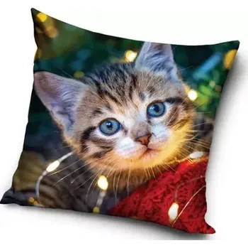 Dekorativní polštářek Velurový povlak na polštář Kotě o Vánocích, 40x40cm (Dekorační povlak na polštářek s kočkou, kočka)