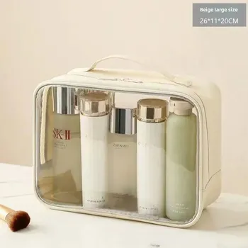 Kosmetická taška Průhledná cestovní kosmetická taška velká | toaletní organizér - [Průhledný čtverec] béžový velký