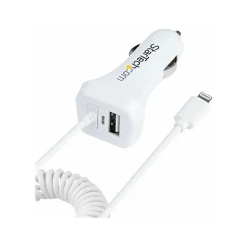 StarTech.com Lightning Car Charger with 1m Coiled Lightning Cable, 12W, White, 2 Port USB Car Charger Adapter for Phones and Tablets, In Car Apple iPhone/iPad Charger w/ Built-in Cord - Dual USB Car C