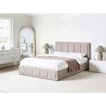 Postel Kontinentální postel béžové látkové čalounění 160 x 200 cm vyklápěcí rošt prošívání minimalistický styl ložnice Beliani