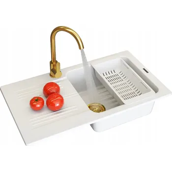 Granitový dřez DŘEZ GRANITOVÝ ADA JEDNOKOMOROVÝ DŘEZ BÍLÝ BATERIE SIFON ZLATÝ