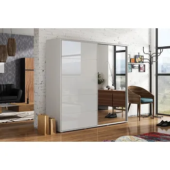 Dětská skříň Šatní skříň A11- šířka 150 / výška 215 cm – bílá s lesklým lacobel sklem a zrcadlem