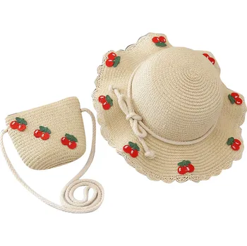 Kšiltovka eCa CZ44 Dětský slaměný klobouk a kabelka s třešněmi, 52 cm