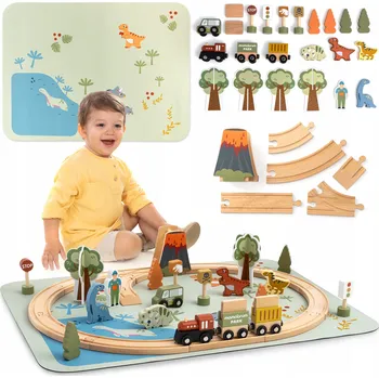 Vláček a vláčkodráha Mamabrum Dřevěná vláčkodráha Dino Park s podložkou – dinosauři, vláček, koleje, sopka
