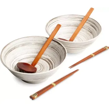 Sada nádobí EDO Japan Souprava Japonských mís na Ramen s hůlkami a naběračkou - styl Uzu White - 22 cm
