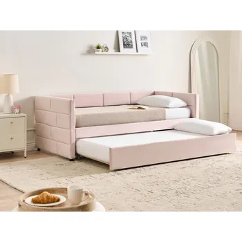 Postel Jednolůžko s výsuvným lůžkem růžové čalounění samet rošt prošívání glamour styl Beliani