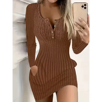 Dámské šaty Dámské pletené šaty s kapsami Barva: Hnědá, Velikostní tabulka: XXL