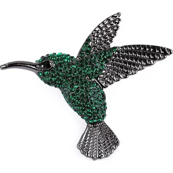 Brož Brož s broušenými kamínky kolibřík - 2 emerald antracit