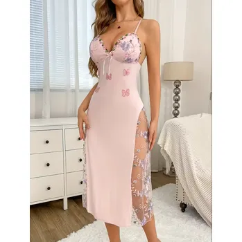 Dámská noční košile Dlouhá noční růžová košilka s krajkou Barva: Růžová, Velikostní tabulka: M