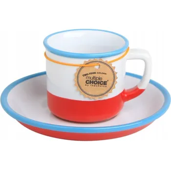 Dárek Šálek s podšálkem na espresso, bílá a červená retro kamenina