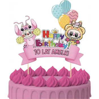 Obraz Ozdoba na dort ZÁPICH DO DORTU "Všechno nejlepší" LABUBU PANENKY POHÁDKOVÉ POSTAVY