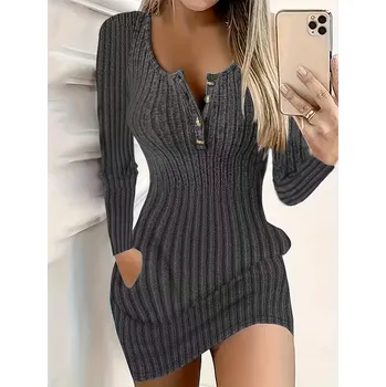 Dámské šaty Dámské pletené šaty s kapsami Barva: Šedá, Velikostní tabulka: XXL