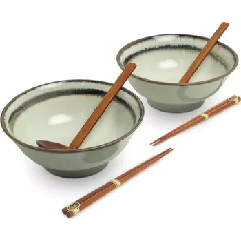 Sada nádobí EDO Japan Souprava Japonských mís na Ramen s hůlkami a naběračkou - styl Wasabi - 22 cm 6 ks Zelená