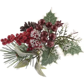 umělá květina Přízdoba Větvička 18cm Borovice s cesmínou, bobulemi