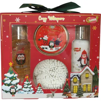 Gloss! Warm&Cosy sada: sprchový gel, 100 ml + tělový balzám, 100 ml + tělový peeling, 50 ml + houbička EVA, 1 ks
