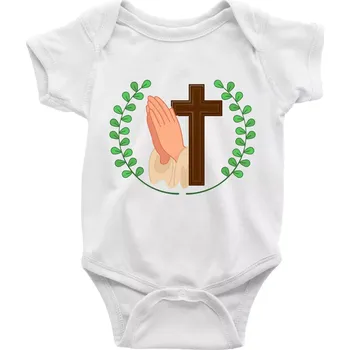 Kojenecký body Věnec - kříž a modlení - Body kojenecké s krátkým rukávem - Krátký r. 6-12 mes ( Bílá )