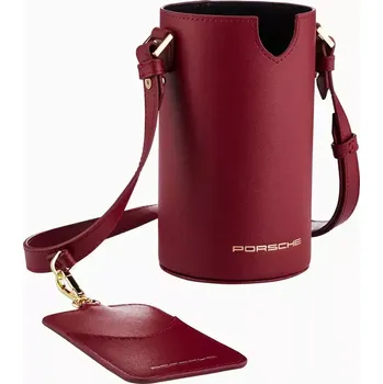 PORSCHE Cup holder shoulder bag Taška přes rameno kožená na termosku červená vínová se zlatými prvky (Elegantní taška přes rameno na cestovní termohrnek Porsche s přídavnou visačkou na karty.)