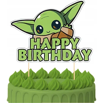 Obraz Ozdoba na dort ZÁPICH DO DORTU "Všechno nejlepší" BABY YODA STAR WARS Postavičky - 2 kusy