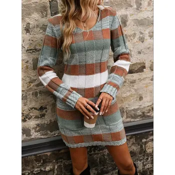 Dámské šaty Pletené pruhované šaty s kapsami Barva: Hnědá, Velikostní tabulka: S