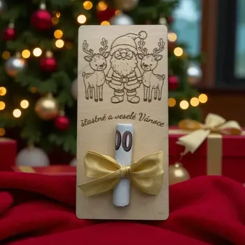 Vánoční dekorace  Dřevěná vánoční karta na peníze – Santa se soby 