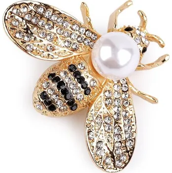 Brož Brož včela s kamínky a perlou varianta zlatá - bílá perla