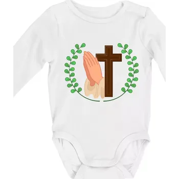 Kojenecký body Věnec - kříž a modlení - Body kojenecké s dlouhým rukávem - Dlouhý r. do 3 měs ( Bílá )