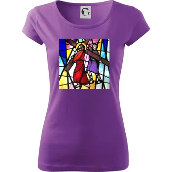 Dámské tričko Vitráž - Ježíš a kříž - Dámské triko Pure - XS ( Fialová )