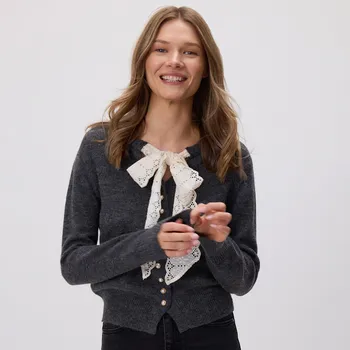 Dámský svetr Reserved - Kardigan s vázáním - tmavě šedá - 224HI-90M - 224HI-90M-XL