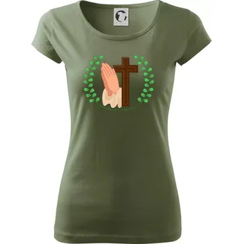 Dámské tričko Věnec - kříž a modlení - Dámské triko Pure - XS ( Khaki )