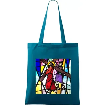 Vitráž - Ježíš a kříž - Taška bavlněná - 42 x 38 cm ( Petrolejová )