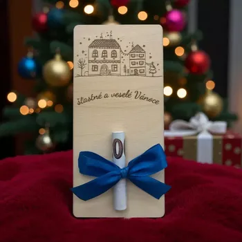 Dárková krabička  Dřevěná vánoční karta na peníze – Zimní městečko 