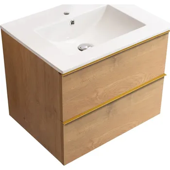 Koupelnový nábytek CERANO - Koupelnová skříňka pod umyvadlo s úchytkou Velora + keramické umyvadlo Todo - dub medový, zlatá úchytka - 69x53x46 cm