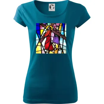 Dámské oblečení Vitráž - Ježíš a kříž - Dámské triko Pure - S ( Petrolejová )