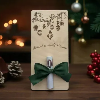 Vánoční dekorace  Dřevěná vánoční karta na peníze – Ozdoby se zelenou mašlí 