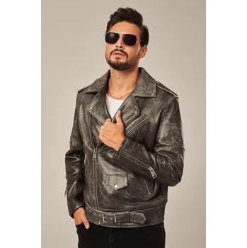 Moto bunda Pánská kožená motorkářská bunda šedá (M - 50)