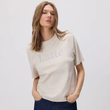 Dámské oblečení Reserved - Tričko s vyšívaným nápisem - béžová - 458GA-08X - 458GA-08X-XL