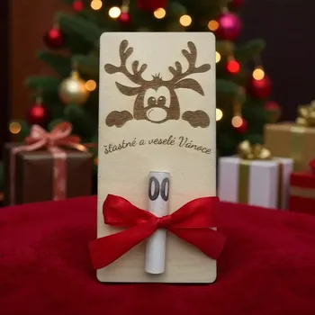 Dárková krabička  Dřevěná vánoční karta na peníze – Sobík s mašlí 