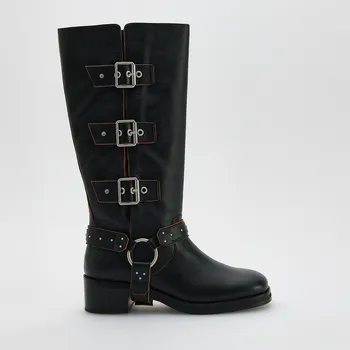 Dámské kozačky Reserved - Kožené motorkářské kozačky - černý - 710FE-99X - 710FE-99X-40