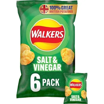 Slaná pochutina Walkers bramborové chipsy s příchutí soli a octa 6 x 25 g