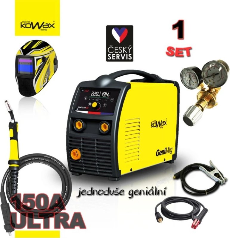 Kowax Svařovací stroj GeniMig 220 LCD + svařovací hořák 150A 4m ULTRA + svařovací kabely 3m Varianta setu: Svařovací stroj + svařovací hořák 150A 4m + svařovací kabely 3m + redukční ventil + samostmívací kukla KWX3