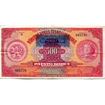 SLOVENSKO. 500 korun 1929. Přetisk Slovenský štát. Série D. Hej. 44.