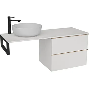 Koupelnový nábytek CERANO - Deska pod umyvadlo Navira Slim - 141x46,5x3,6 cm - skříńka Velora 69 cm - bílá matná, zlatá úchytka - konzole černá