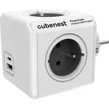Prodlužovací kabel Cubenest PowerCube Original USB A+C PD 20W – šedá rozdvojka (Cubenest PowerCube Original USB A+C PD 20W Grey – designová rozdvojka se 4 zásuvkami a rychlým nabíjením)